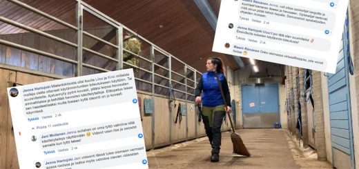 Kuva kirjoittajasta hevostallilla. Kuvaan liitetty kuvakaappauksia facebook-keskusteluista.