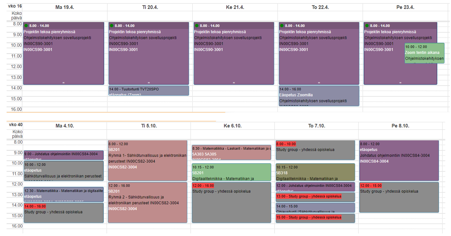 Kuvassa on kaksi viikkolukujärjestystä, joissa opiskelijan päiviin on merkitty lähituntien lisäksi klo 8:n ja 16:n välille ryhmätyöskentelyaikoja