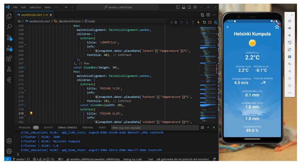 Sovelluskehitystä Visual Studio Codea käyttäen. Vierellä Android-emulaattori.