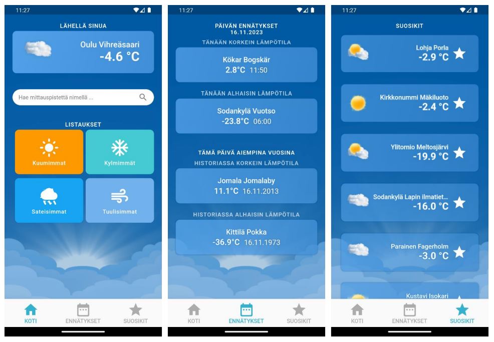 Valmiin Sebitti Sää-sovelluksen päävälilehdet. Kuvat Android-emulaattorista.