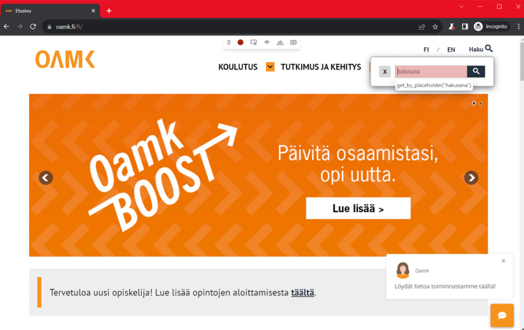 Oamk Boost sivujen näkymä Codegen -työkalun käytön yhteydessä.